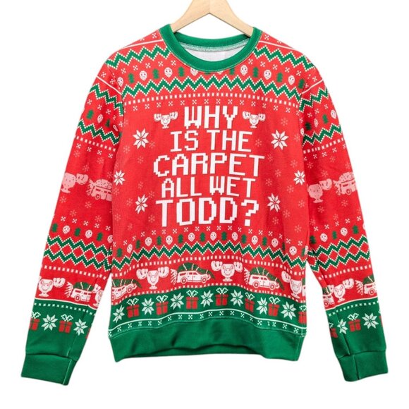Christmas Vacation Ugly Sweater Unisex Why is the Carpet All Wet Todd Red Size M - Picture 1 of 8